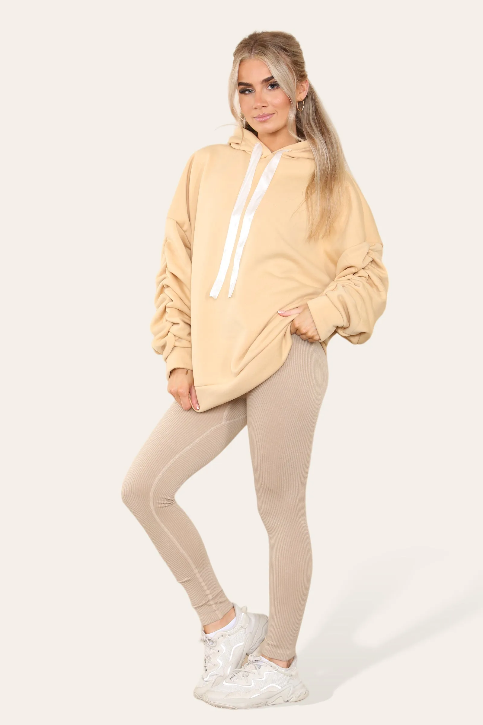 Oversized Ruched Sleeves Hoodie With Satin Ribbon with High Waist High Rise Seamless Ribbed Legging Set