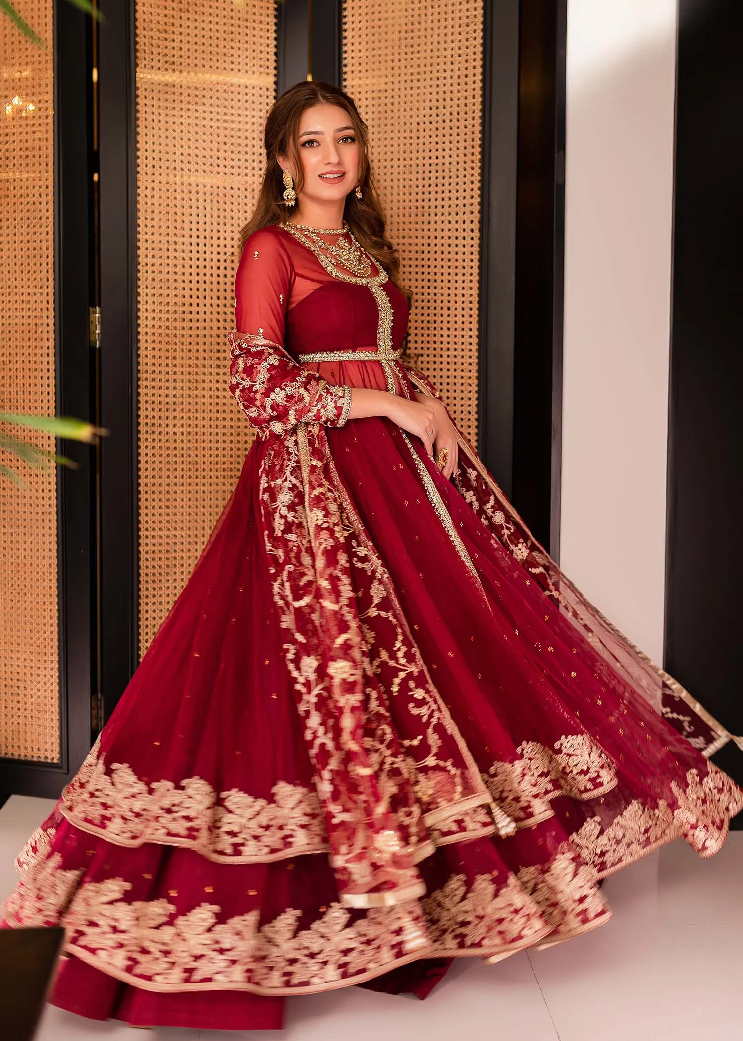 Pakistani Wedding Dress in Double-Layered Pishwas Style