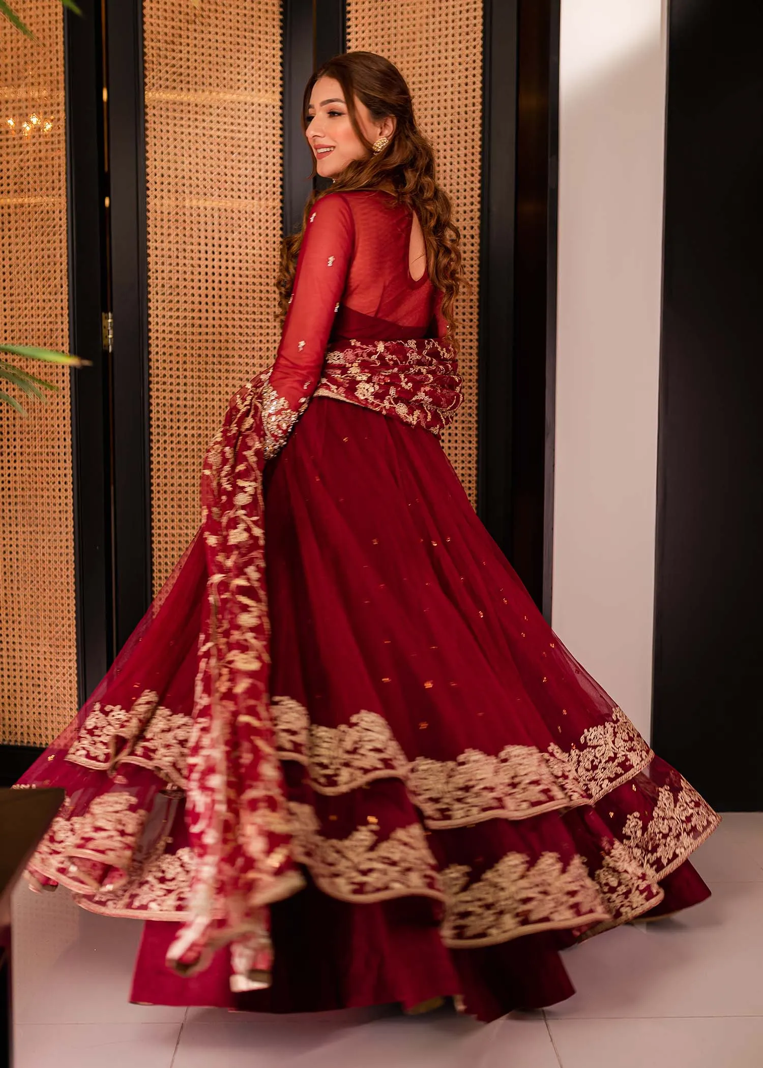 Pakistani Wedding Dress in Double-Layered Pishwas Style