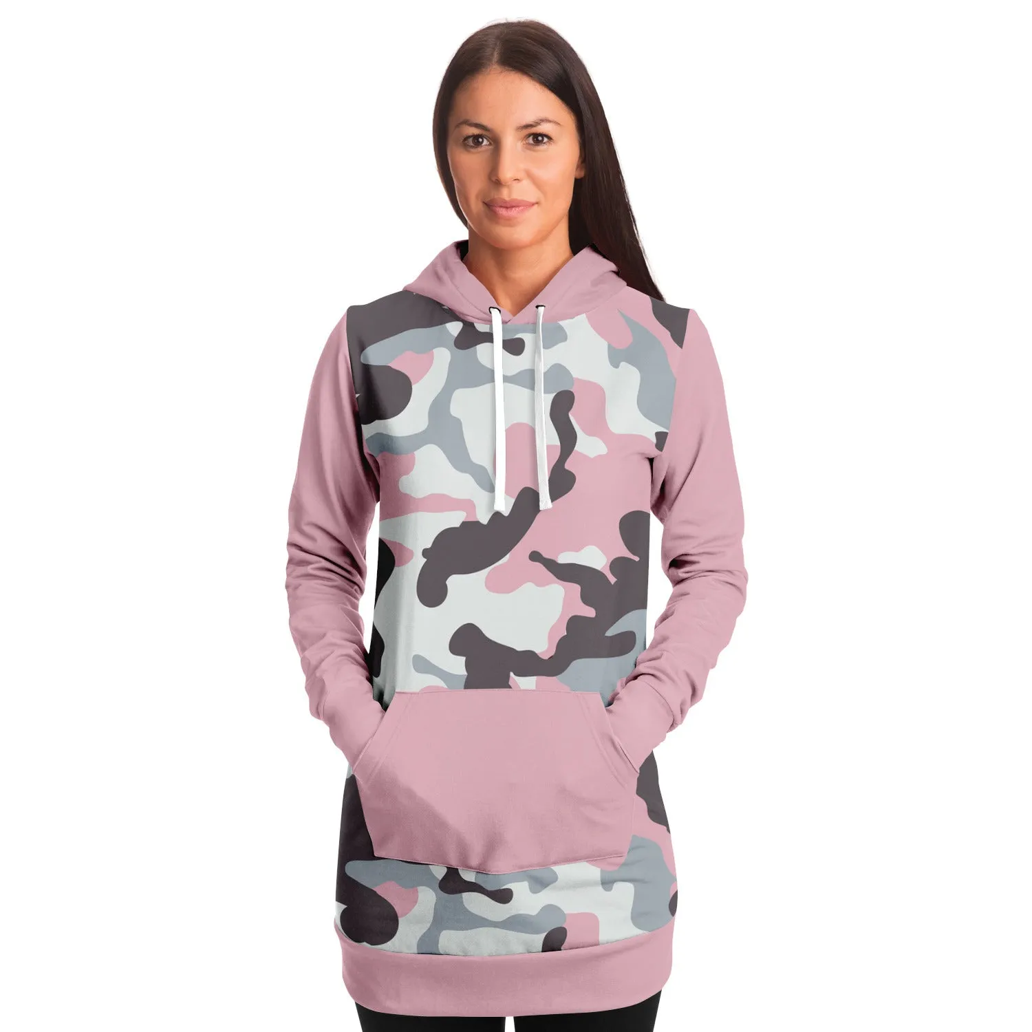 Pastel Pink Camouflage Longline Hoodie Dress With Solid Pink Sleeves, Pocket and Hood