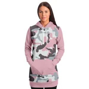 Pastel Pink Camouflage Longline Hoodie Dress With Solid Pink Sleeves, Pocket and Hood