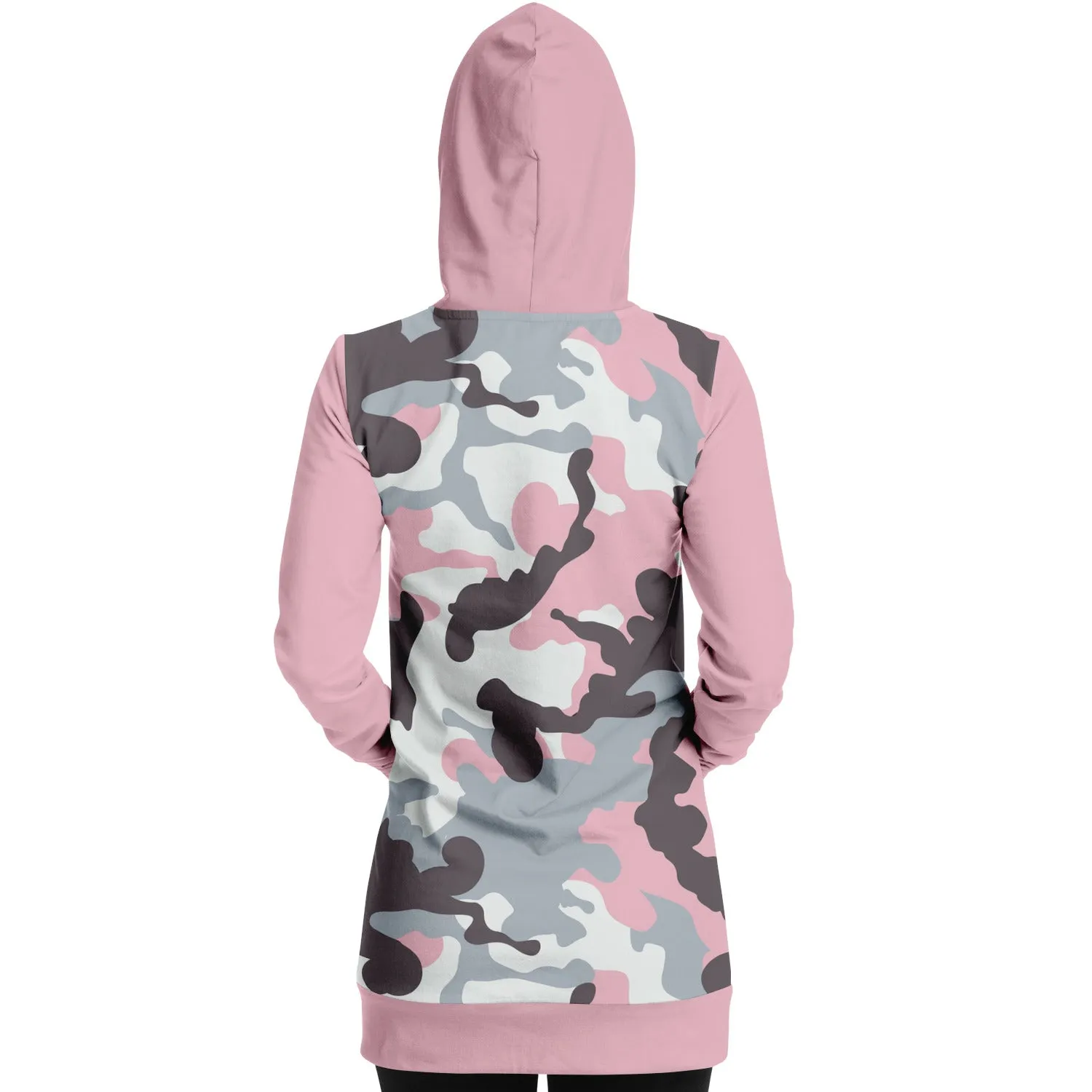 Pastel Pink Camouflage Longline Hoodie Dress With Solid Pink Sleeves, Pocket and Hood