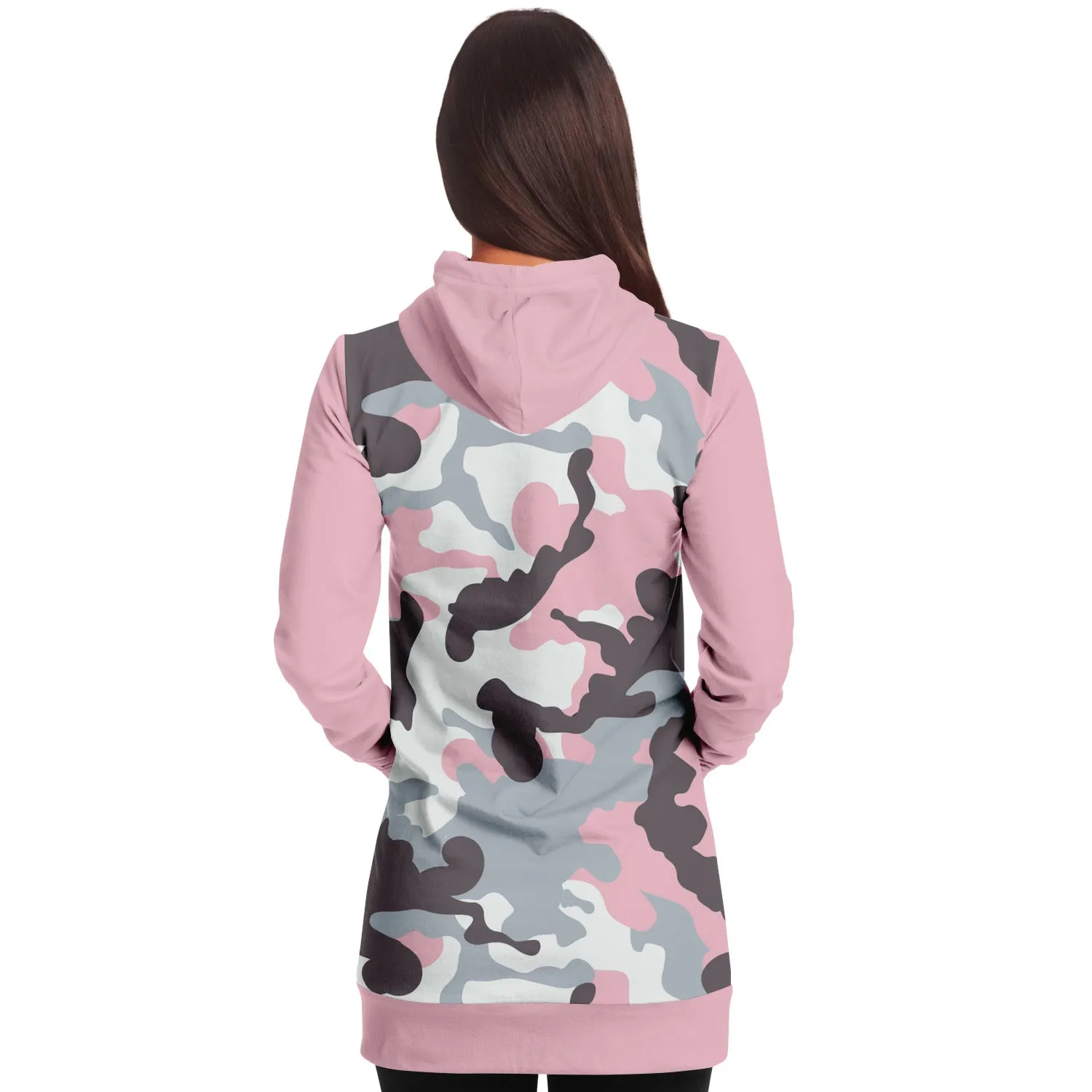 Pastel Pink Camouflage Longline Hoodie Dress With Solid Pink Sleeves, Pocket and Hood