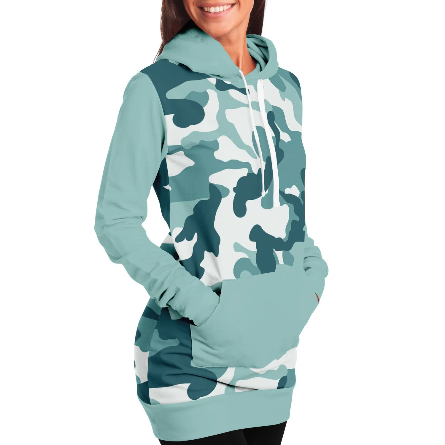 Pastel Teal Camouflage Longline Hoodie Dress With Solid Color Teal Sleeves, Pocket and Hood