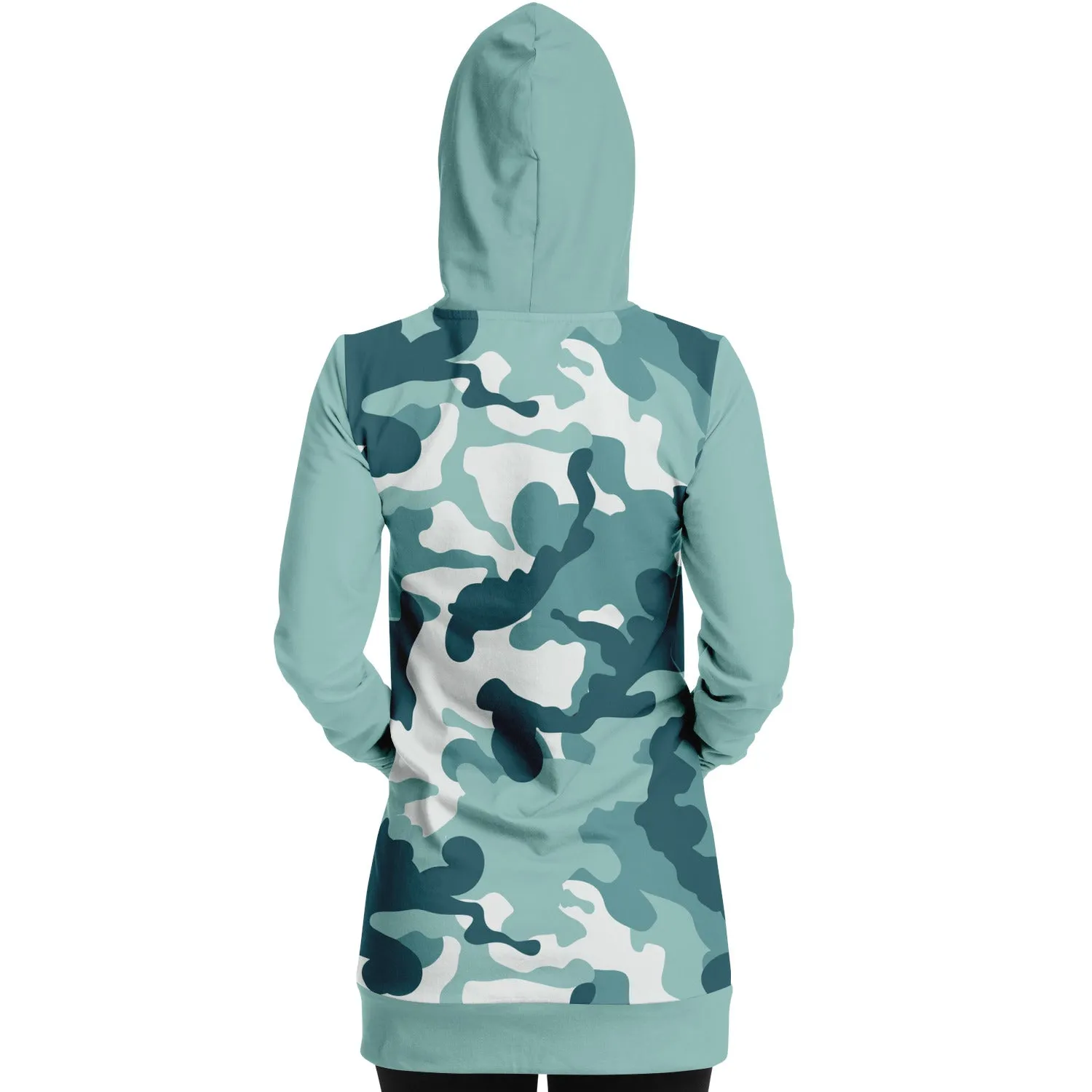 Pastel Teal Camouflage Longline Hoodie Dress With Solid Color Teal Sleeves, Pocket and Hood