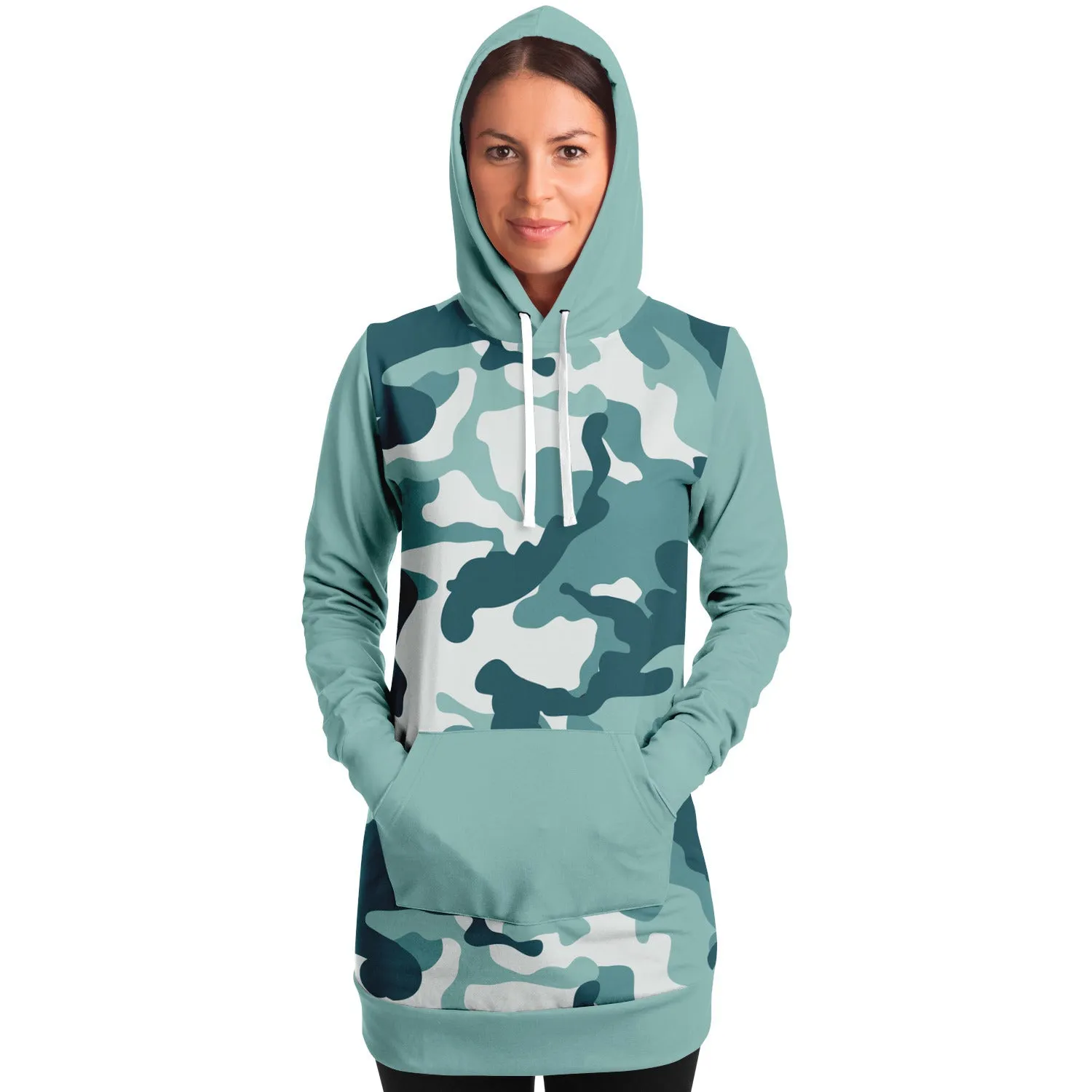 Pastel Teal Camouflage Longline Hoodie Dress With Solid Color Teal Sleeves, Pocket and Hood
