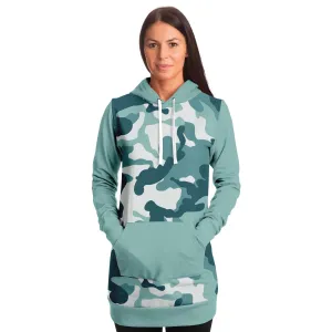 Pastel Teal Camouflage Longline Hoodie Dress With Solid Color Teal Sleeves, Pocket and Hood