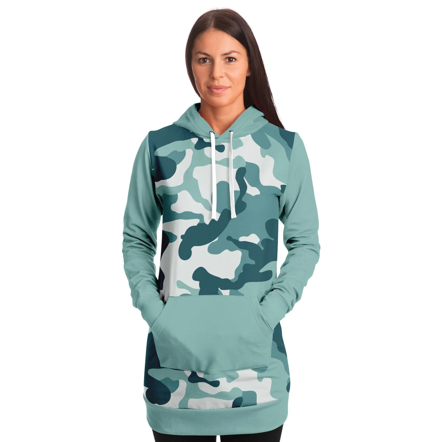 Pastel Teal Camouflage Longline Hoodie Dress With Solid Color Teal Sleeves, Pocket and Hood