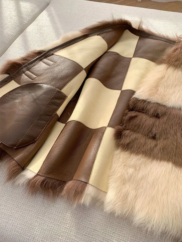 Patchwork V-Neck Fur Coat