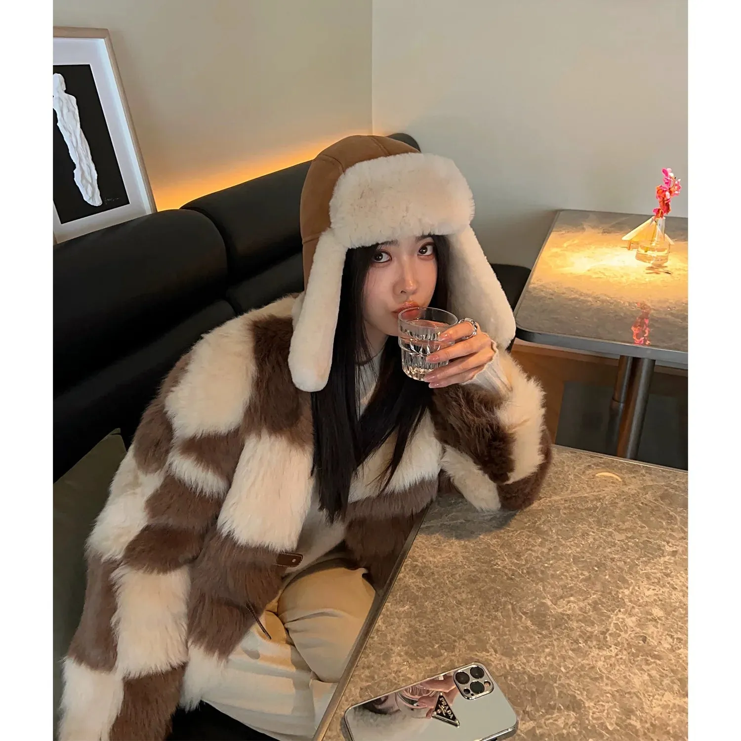 Patchwork V-Neck Fur Coat