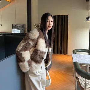 Patchwork V-Neck Fur Coat