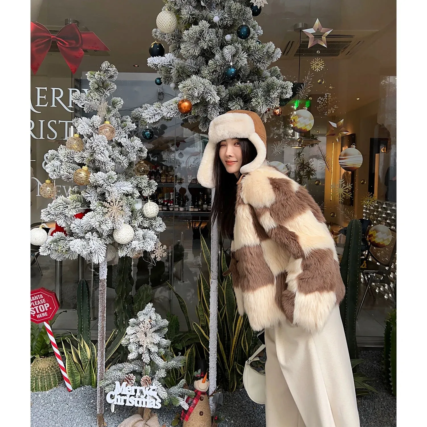Patchwork V-Neck Fur Coat