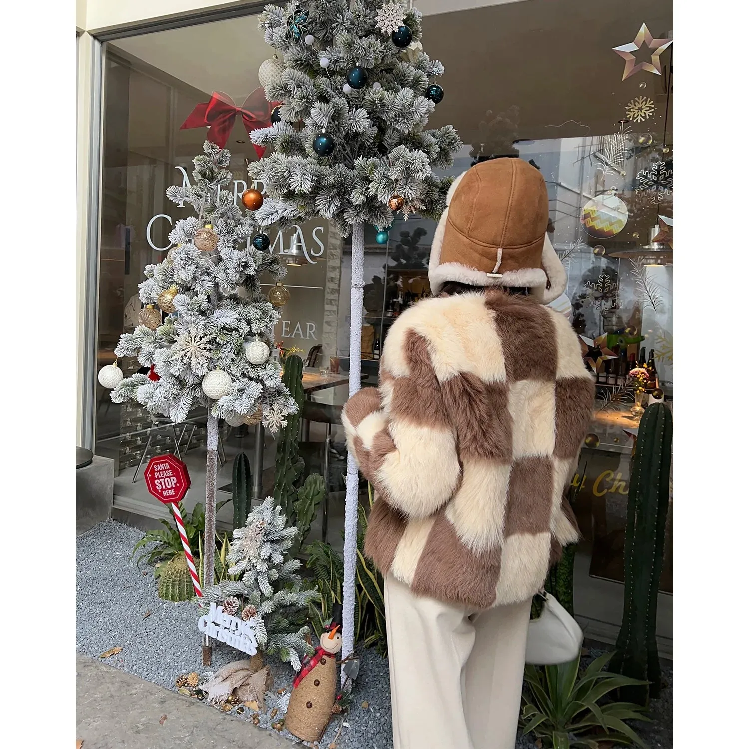 Patchwork V-Neck Fur Coat