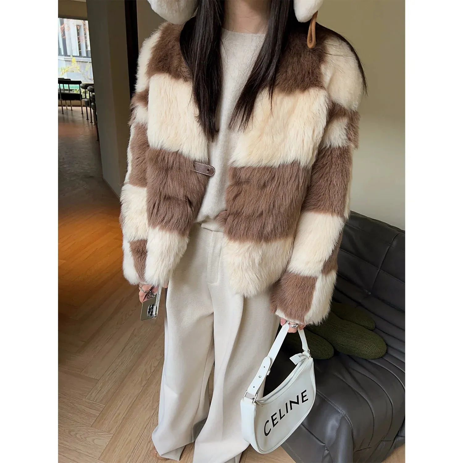 Patchwork V-Neck Fur Coat