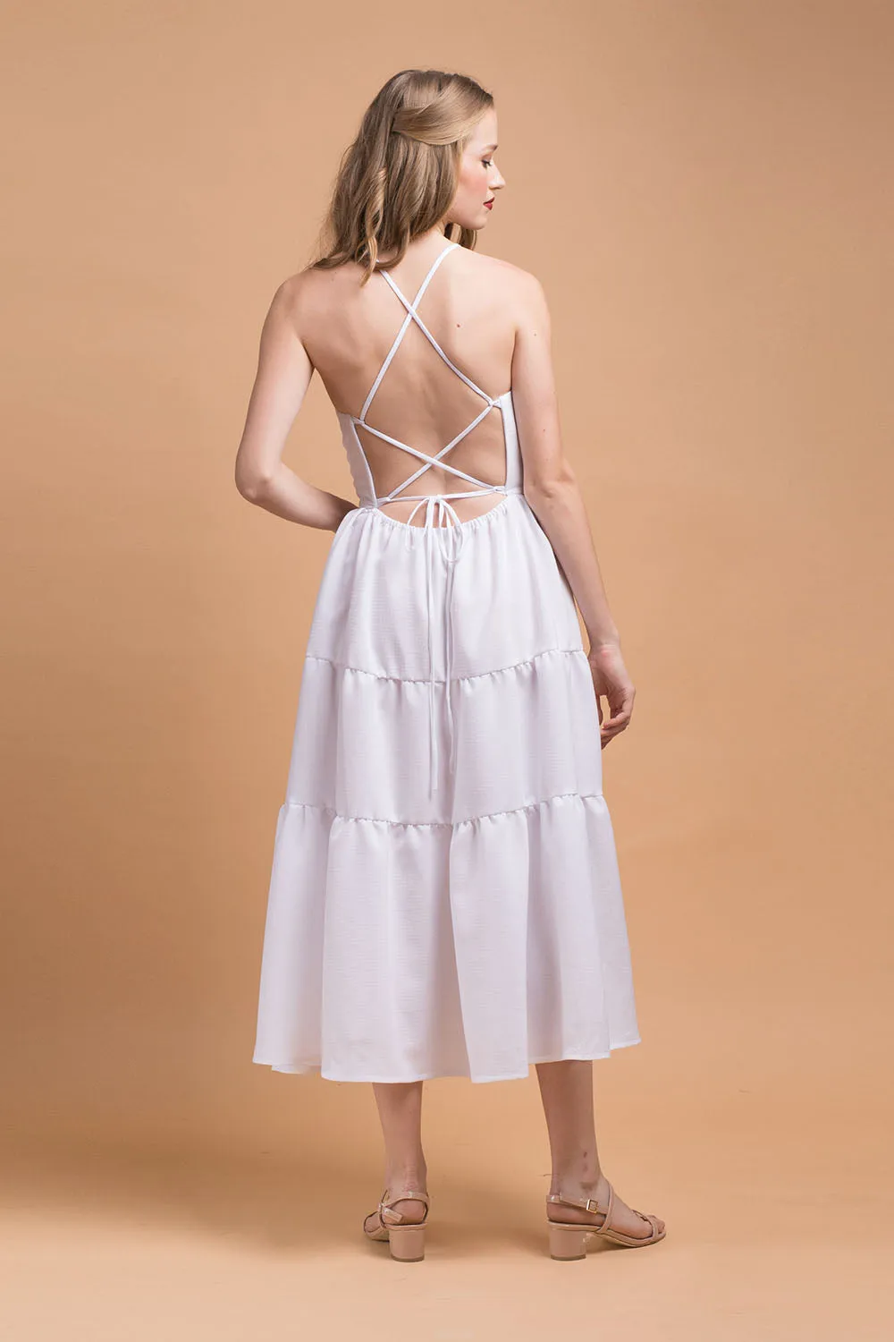 PERFECTA Criss Cross Tie Back Midi Dress (White Linen)