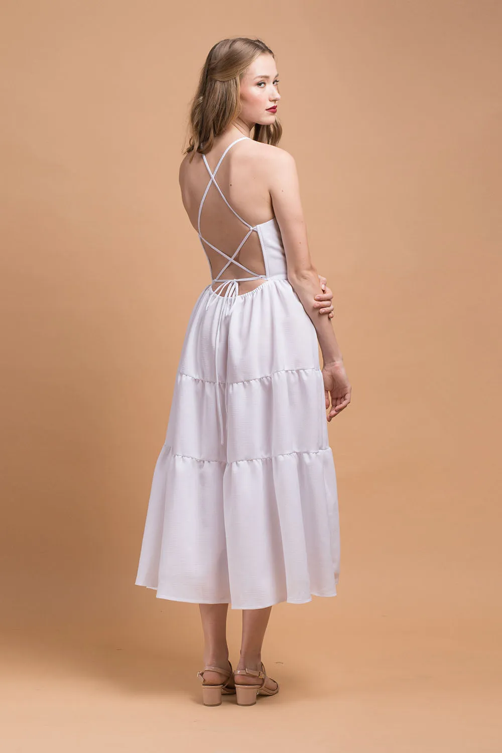PERFECTA Criss Cross Tie Back Midi Dress (White Linen)