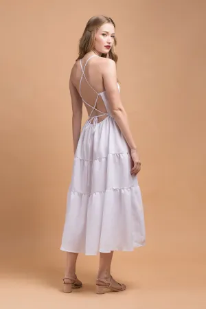 PERFECTA Criss Cross Tie Back Midi Dress (White Linen)
