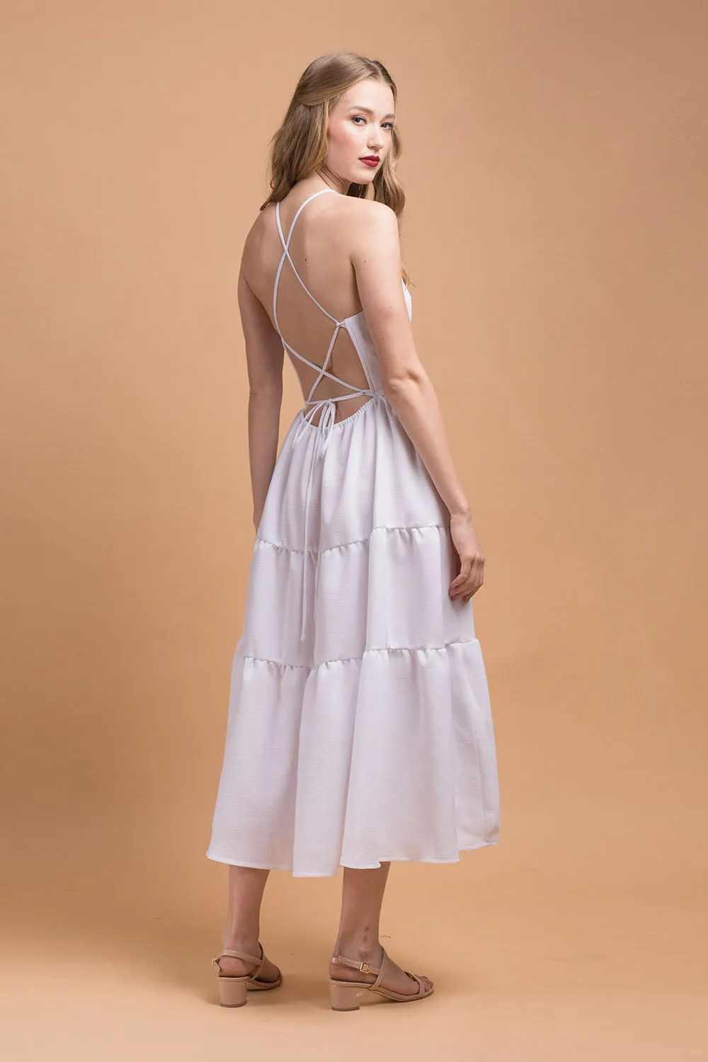 PERFECTA Criss Cross Tie Back Midi Dress (White Linen)