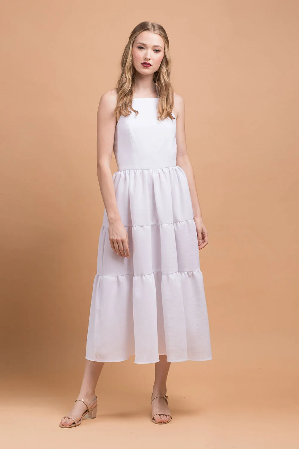PERFECTA Criss Cross Tie Back Midi Dress (White Linen)