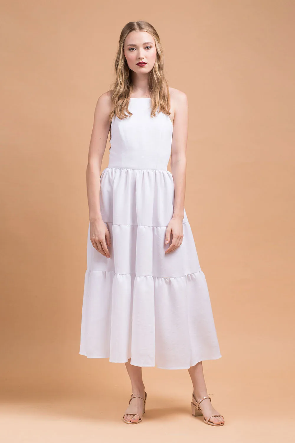 PERFECTA Criss Cross Tie Back Midi Dress (White Linen)