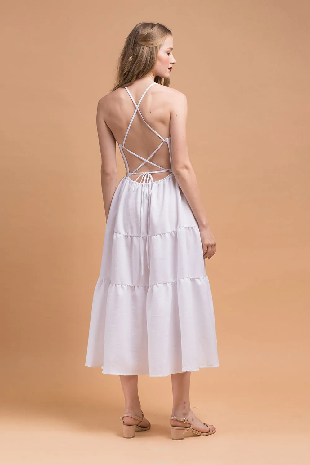 PERFECTA Criss Cross Tie Back Midi Dress (White Linen)