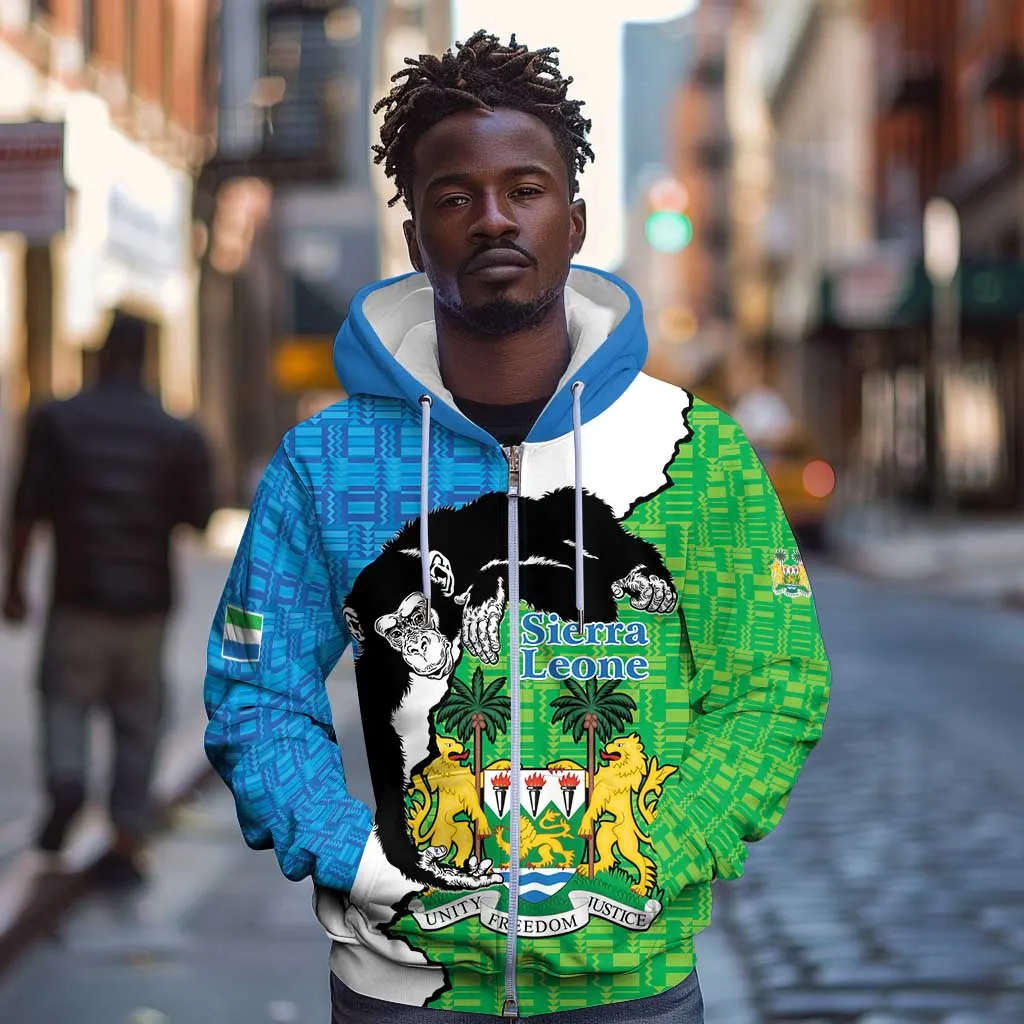Personalised Afro Sierra Leone Zip Hoodie Chimpanzee Mix African Pattern LT15