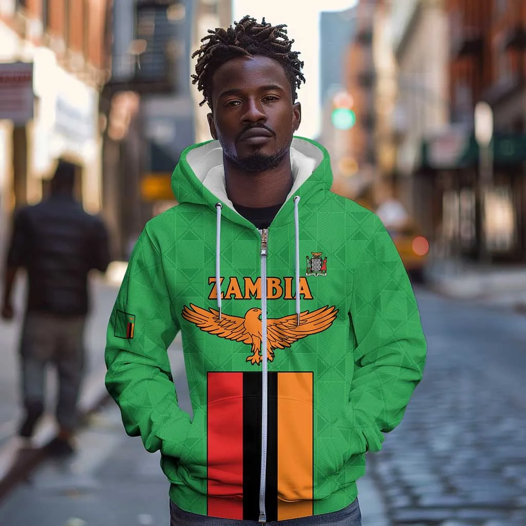 Personalised Afro Zambia Zip Hoodie Flag Style Mix Kente Pattern LT15