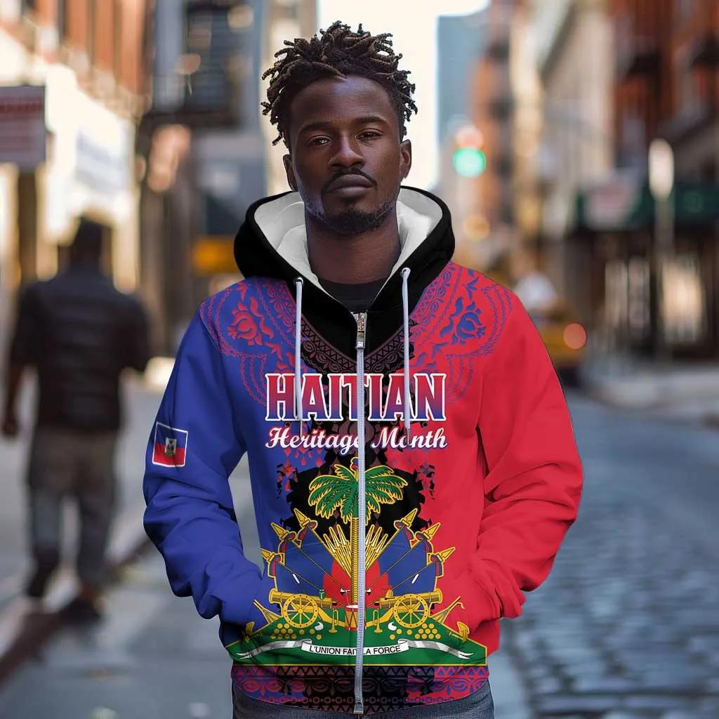 Personalised Haitian Heritage Month Zip Hoodie Coat Of Arms With Dashiki Pattern LT15