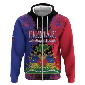 Personalised Haitian Heritage Month Zip Hoodie Coat Of Arms With Dashiki Pattern LT15