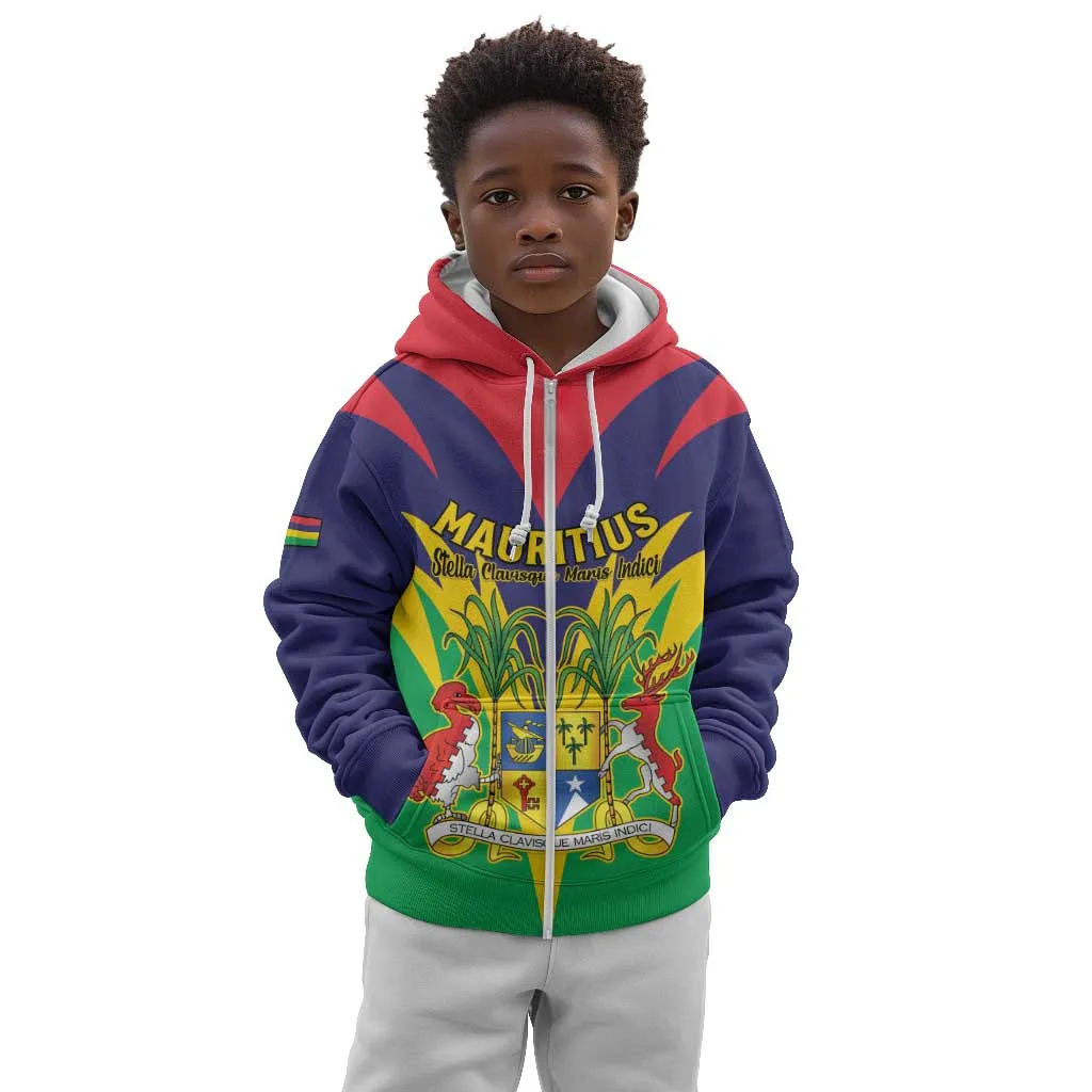 Personalised Republique de Maurice Kid Hoodie Coat Of Arms Flag Style LT15