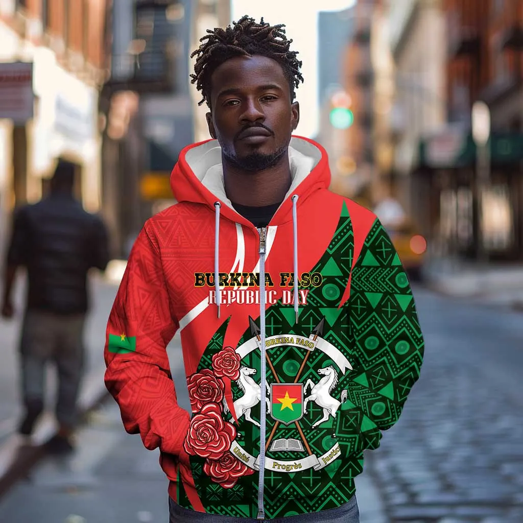 Personalized Burkina Faso Republic Day Zip Hoodie Bogolan Mudcloth - Coat Of Arms Design LT14