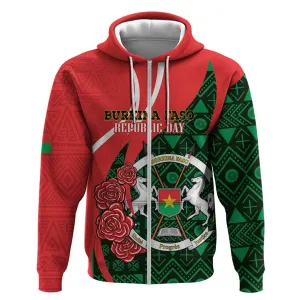Personalized Burkina Faso Republic Day Zip Hoodie Bogolan Mudcloth - Coat Of Arms Design LT14