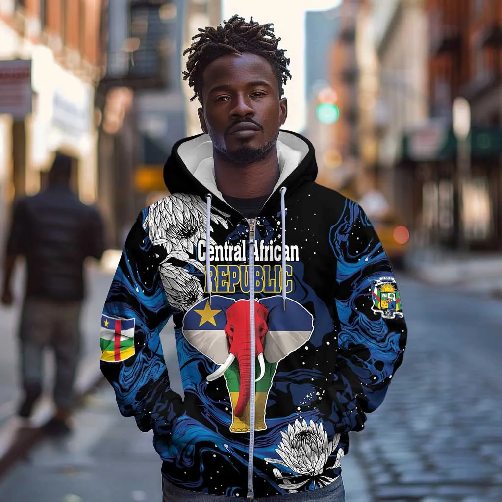 Personalized Central African Republic Zip Hoodie Elephant With King Protea LT18