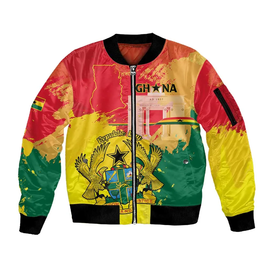 Personalized Ghana Republic Day Sleeve Zip Bomber Jacket Black Star Square - Grunge Style LT15