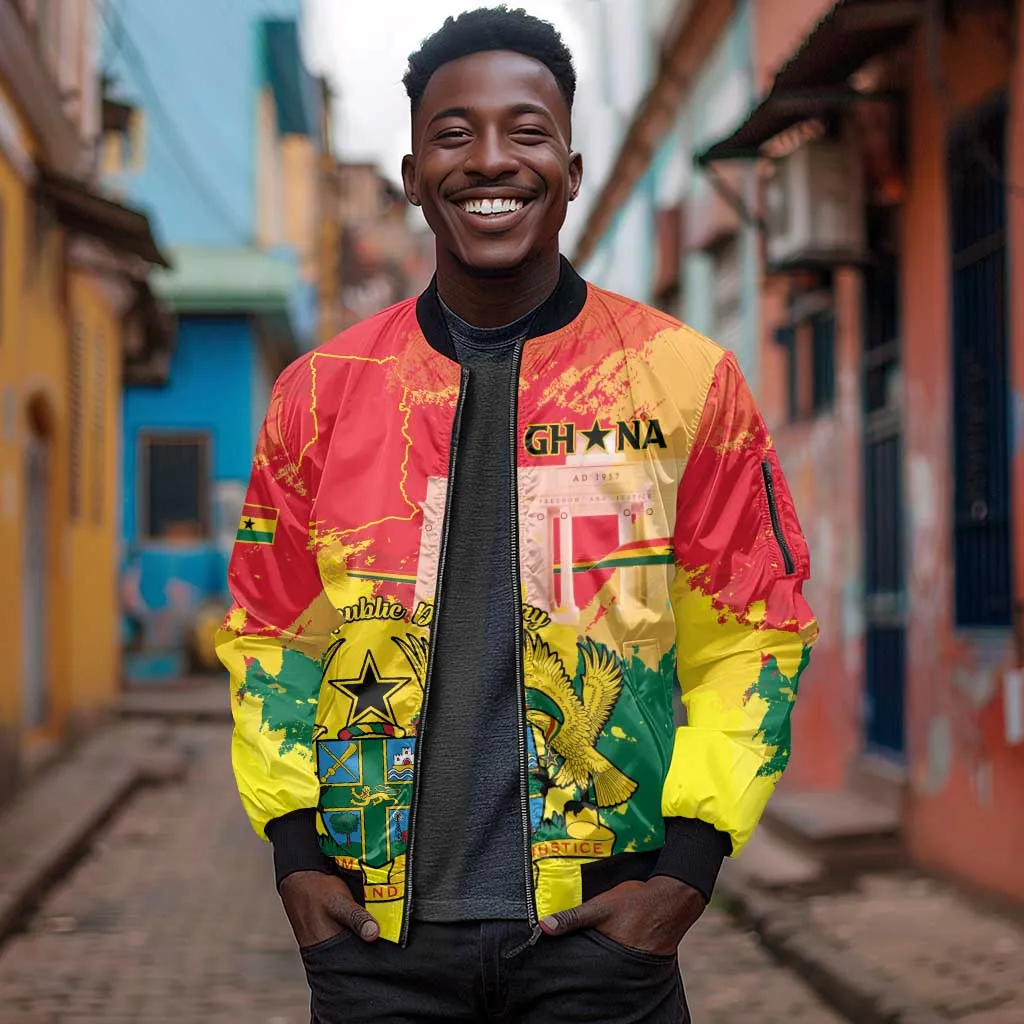 Personalized Ghana Republic Day Sleeve Zip Bomber Jacket Black Star Square - Grunge Style LT15