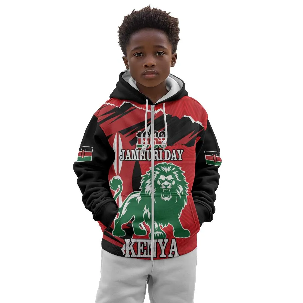 Personalized Jamhuri Day 1963 Kid Hoodie Angry Lion With African Shield LT18