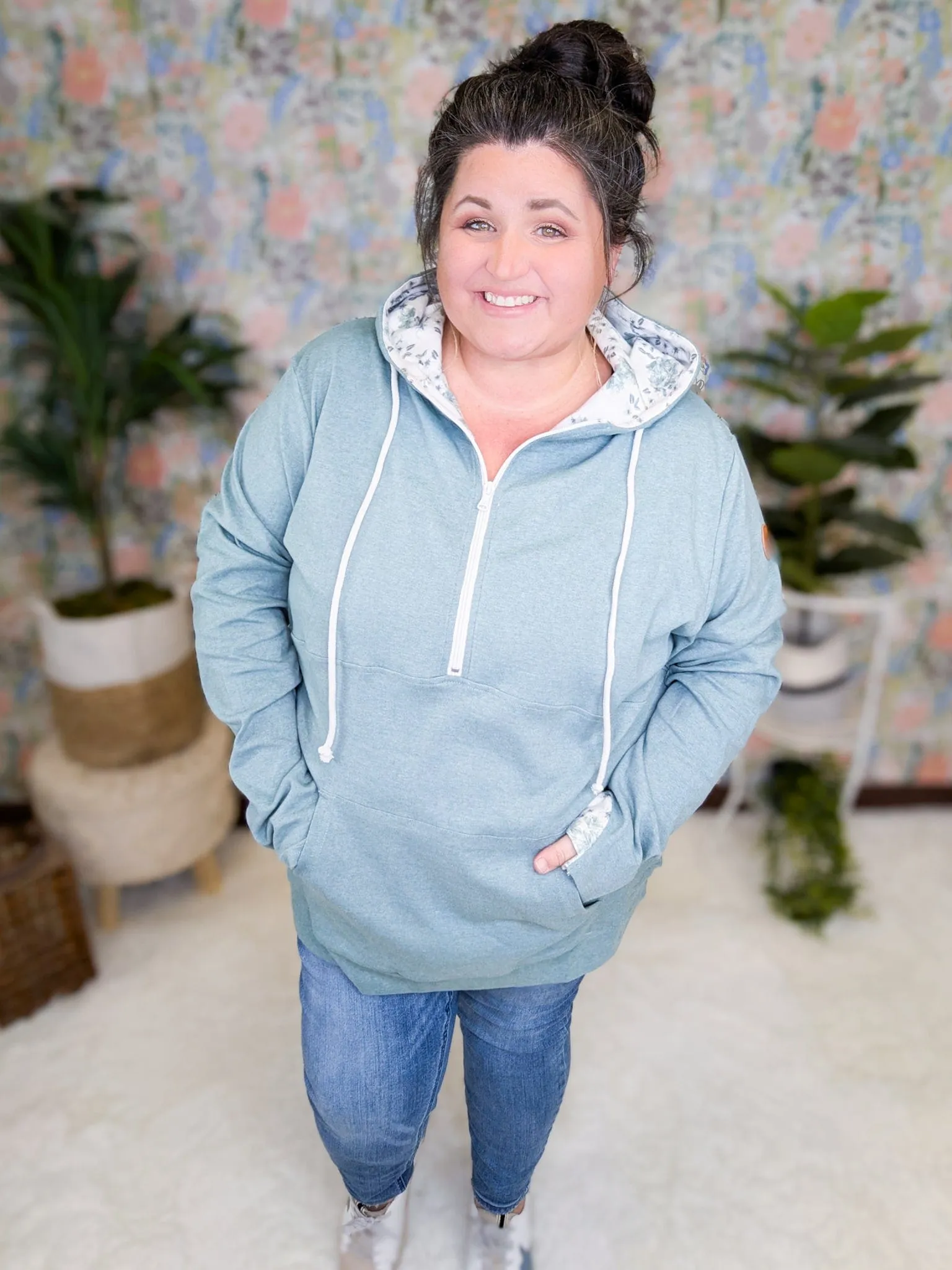 PHC- Sage Triple Stretch Halfzip Hoodie w/Vintage Floral Accents