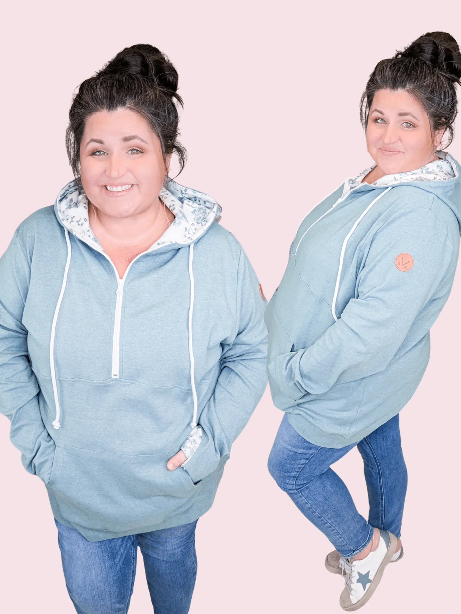 PHC- Sage Triple Stretch Halfzip Hoodie w/Vintage Floral Accents