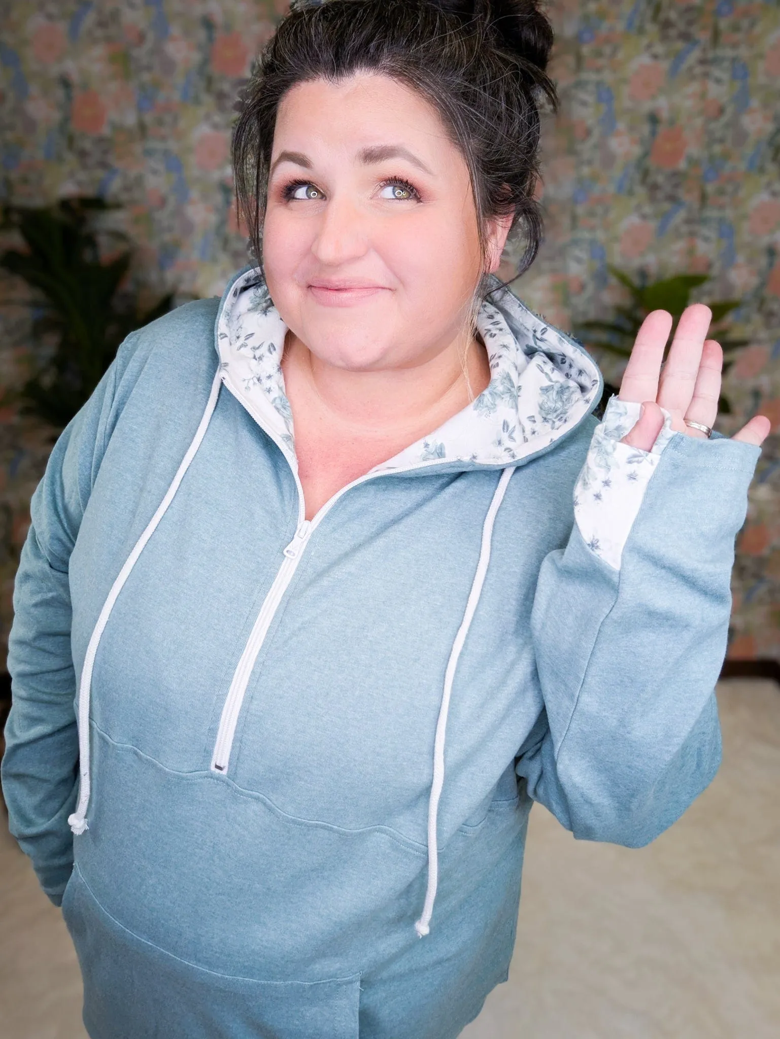 PHC- Sage Triple Stretch Halfzip Hoodie w/Vintage Floral Accents