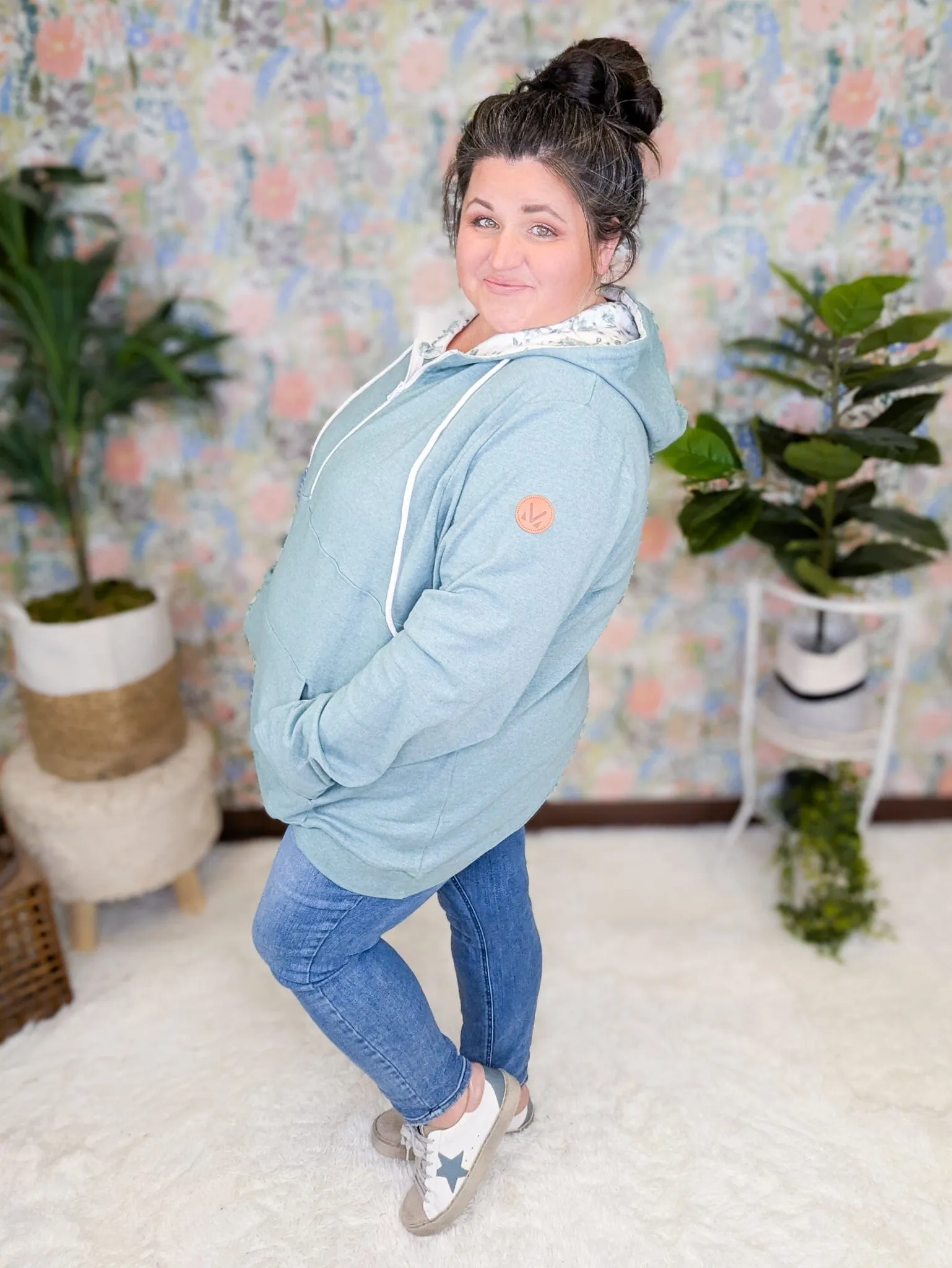 PHC- Sage Triple Stretch Halfzip Hoodie w/Vintage Floral Accents