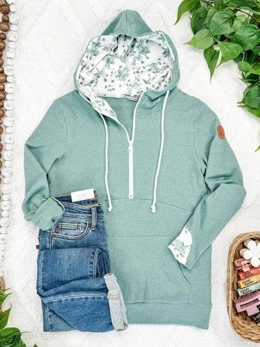 PHC- Sage Triple Stretch Halfzip Hoodie w/Vintage Floral Accents