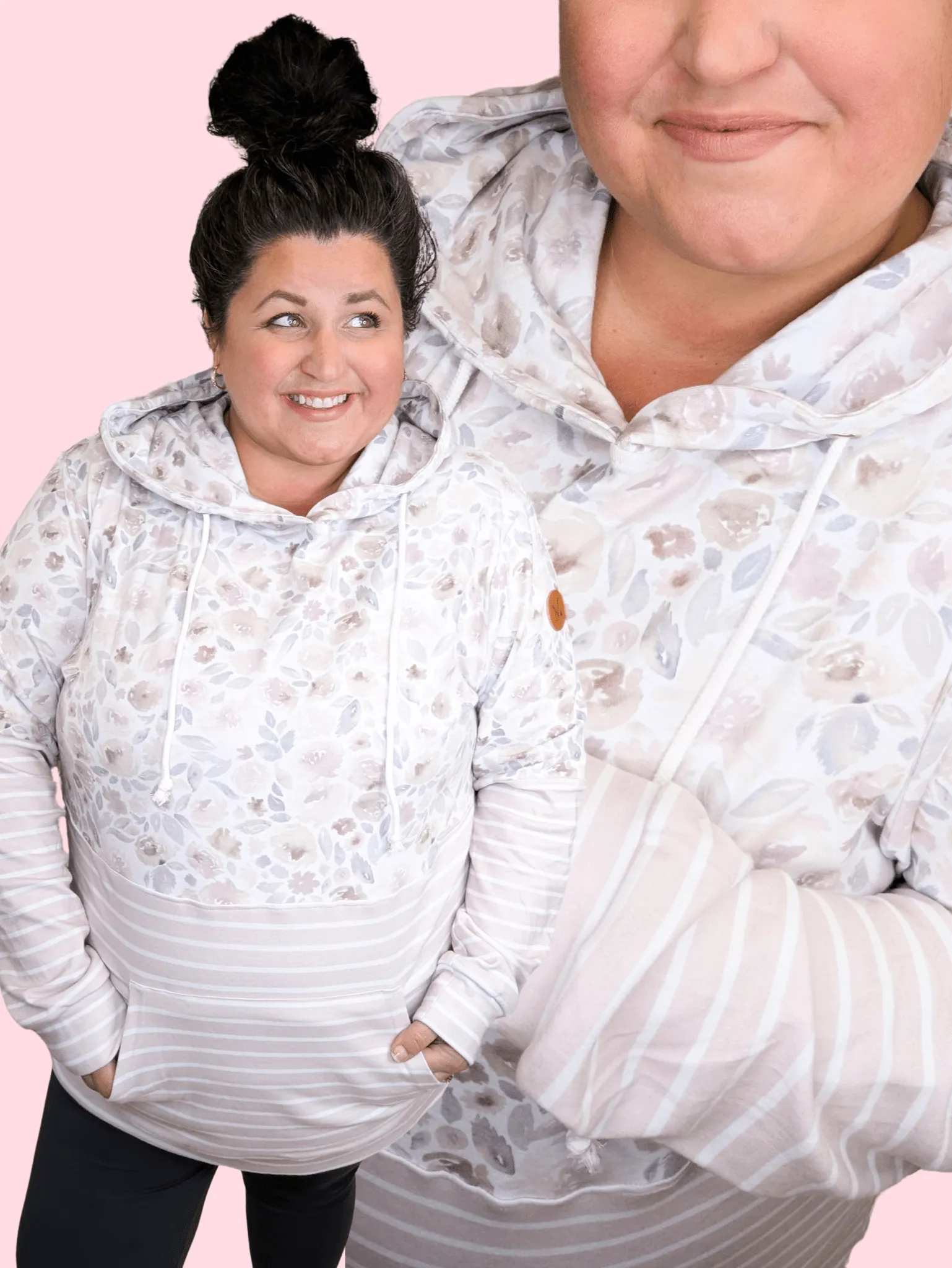 PHC- Watercolor Floral Pullover Hoodie w/Muted Mauve Stripe Bottom