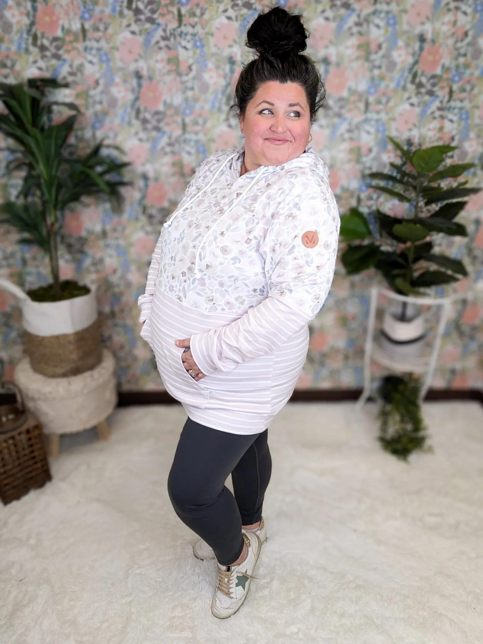 PHC- Watercolor Floral Pullover Hoodie w/Muted Mauve Stripe Bottom