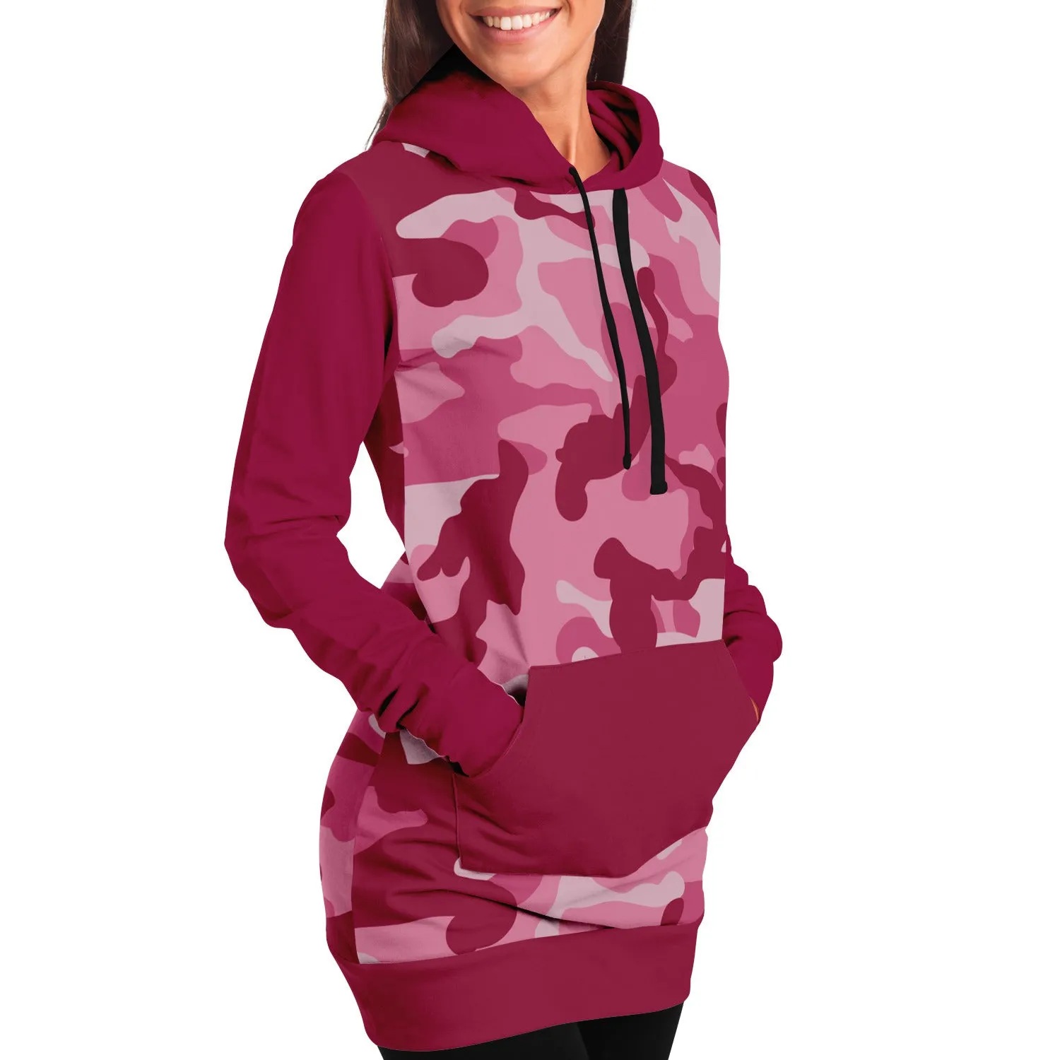 Pink Camouflage Longline Hoodie Dress With Solid Dark Pink Contrast Sleeves
