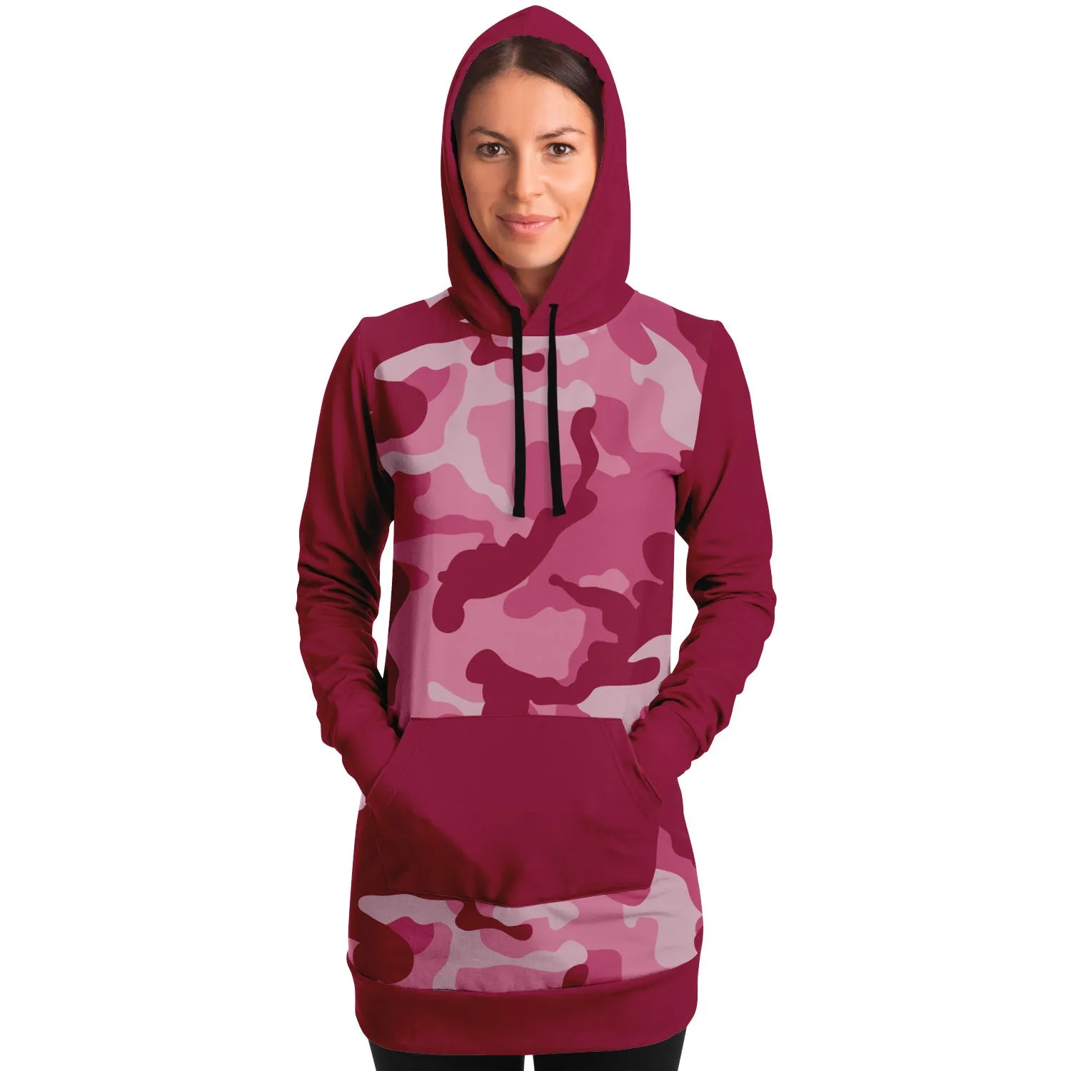 Pink Camouflage Longline Hoodie Dress With Solid Dark Pink Contrast Sleeves