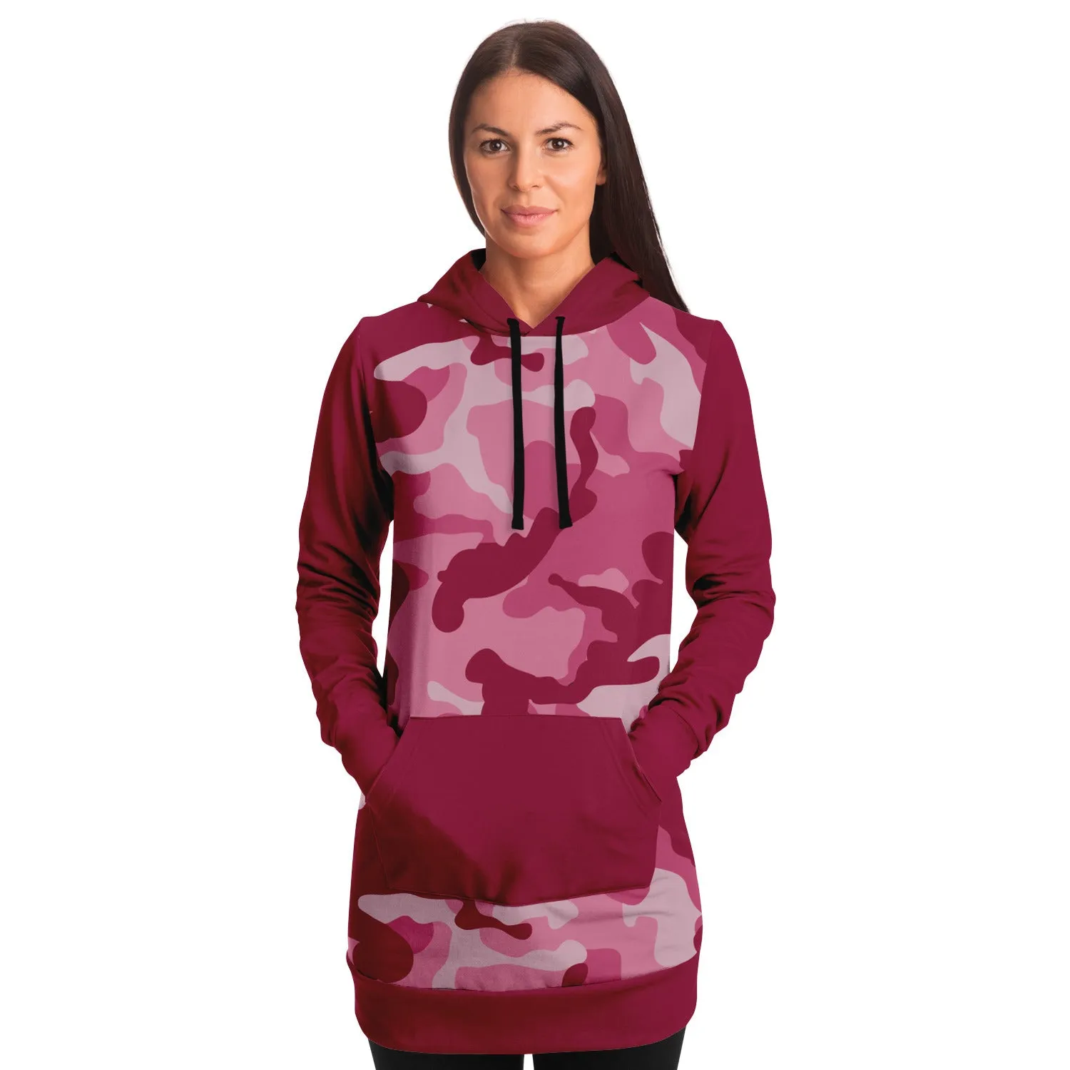 Pink Camouflage Longline Hoodie Dress With Solid Dark Pink Contrast Sleeves