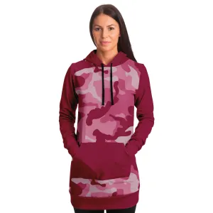 Pink Camouflage Longline Hoodie Dress With Solid Dark Pink Contrast Sleeves