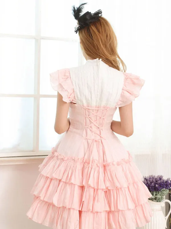 Pink Cotton Lolita One-piece Dress Layered Ruffles Lace Up