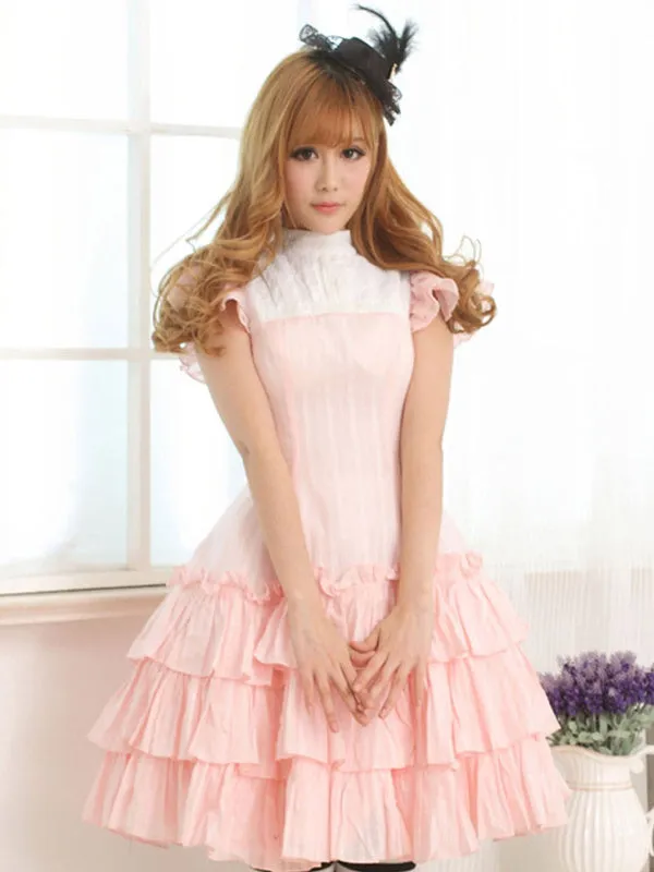 Pink Cotton Lolita One-piece Dress Layered Ruffles Lace Up