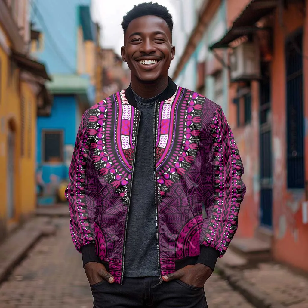 Pink Dashiki and Tapa Pattern Bomber Jacket Africa-Polynesia Together Culture LT9